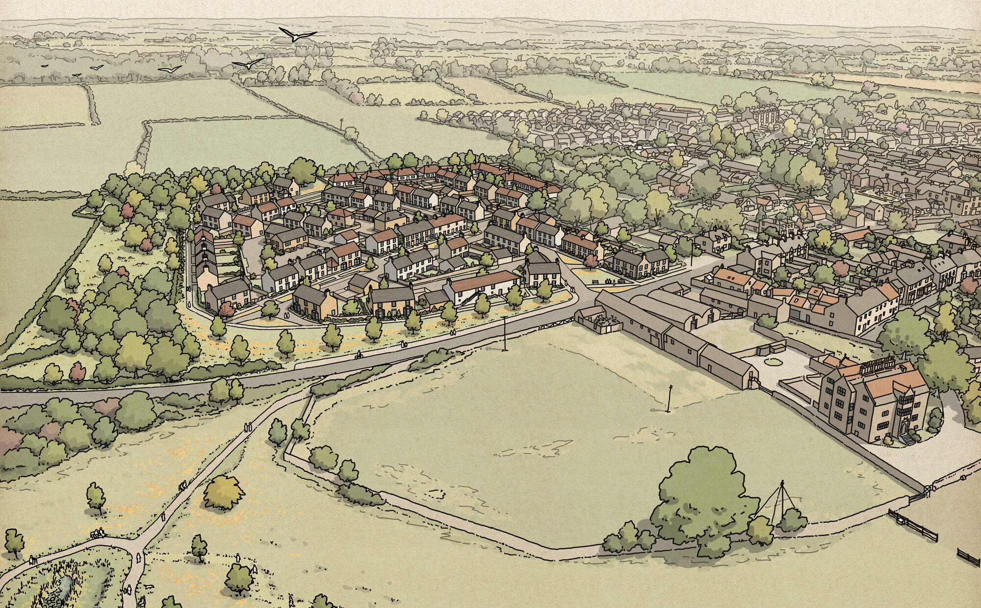 sketch aerial view of Spa Gardens, Gainford, Couty Durham new homes